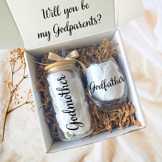 Godparent Proposal Gift Basket, Glass Tumbler and Wine Glass Set